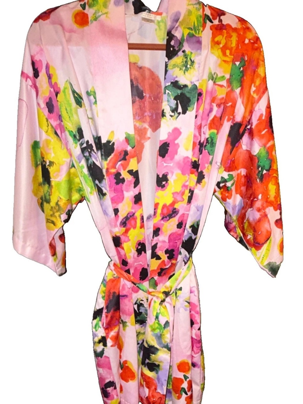 Natori Pink Multi Floral Satin Kimono Robe M